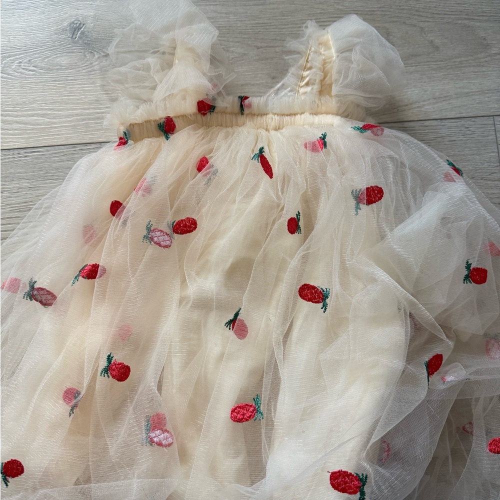 Strawberry Embroidered Kids Casual Dress - Cream
